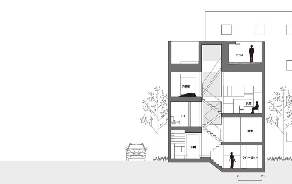 狭小住宅のスキップフロアの断面図