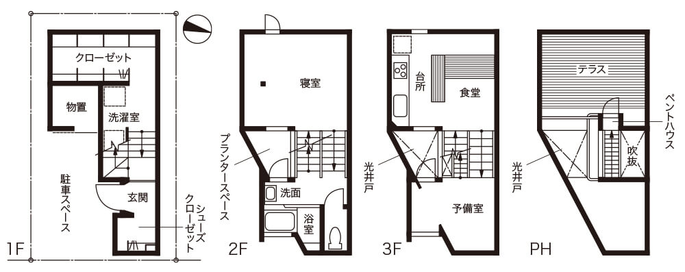 狭小住宅のスキップフロアの平面図