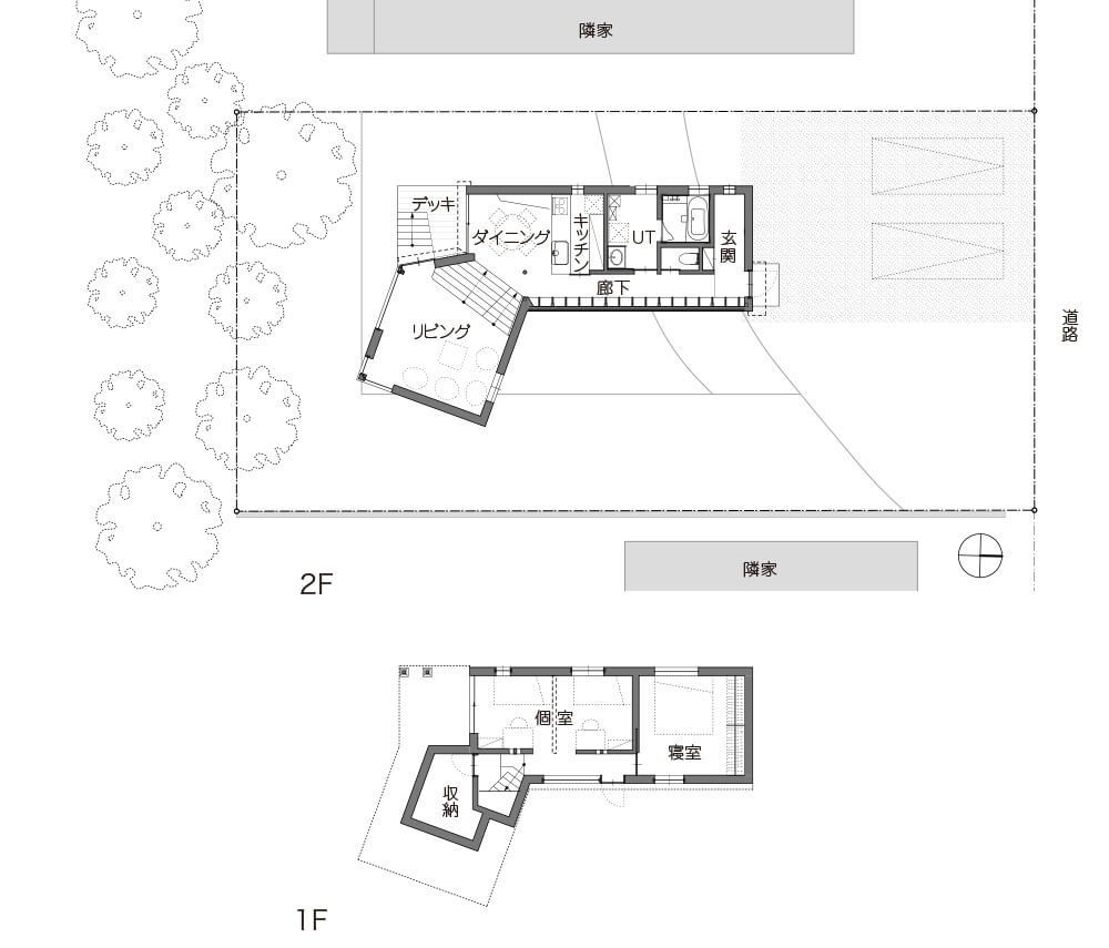 崖地に建つ狭小敷地のスキップフロアの平面図