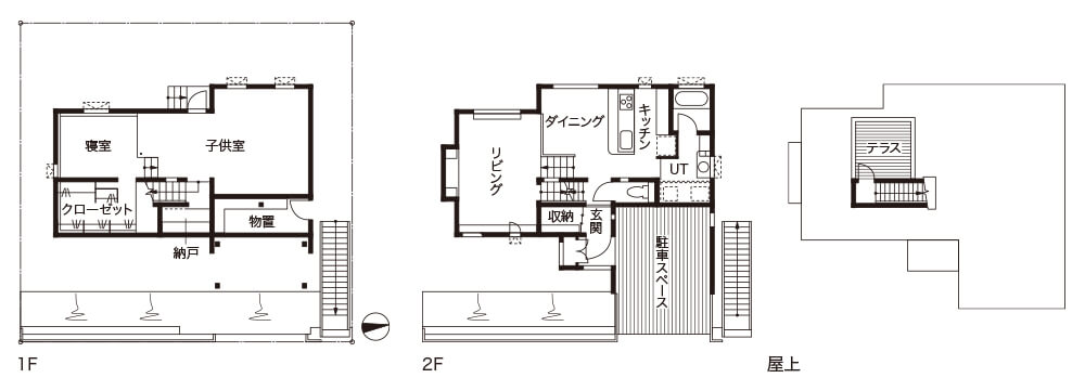 崖地に建つ狭小敷地のスキップフロアの平面図