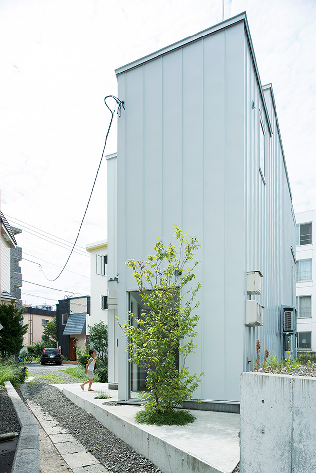 コンクリート基礎の一部に植栽スペースを設け、夏椿を植えた。白いガルバリウム鋼板に映える明るい緑が、家の内外をつないでいる