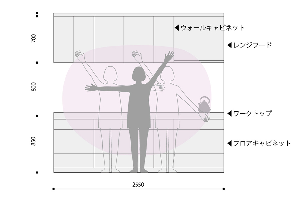 薄いピンクのあたりが、この人物にとって物が取り出しやすい範囲。使用頻度が高いものは、この範囲を意識して収納すると、作業効率が改善する