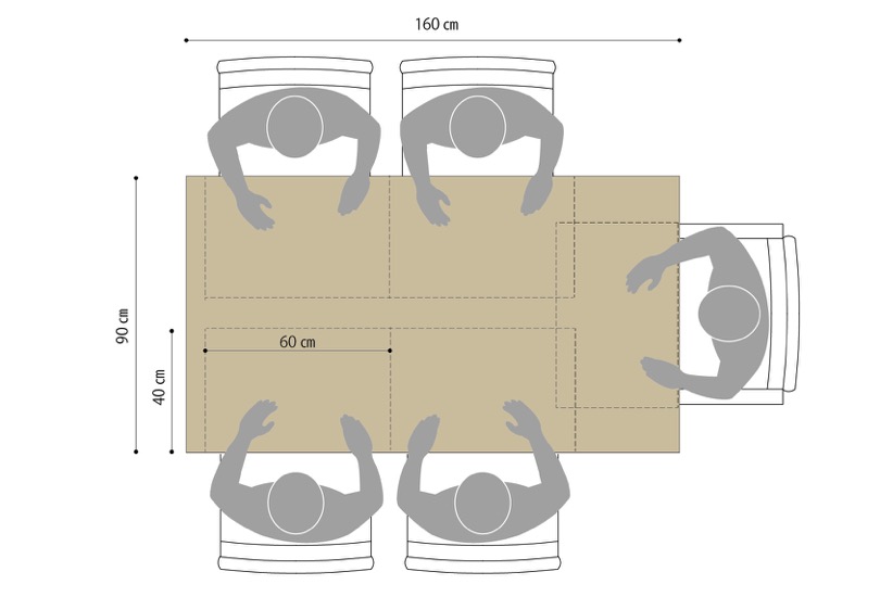 W160㎝×D90㎝のテーブルの場合のサイズ感。詰めれば5人掛けも可。奥行きにもゆとりができ、大皿などが置きやすい