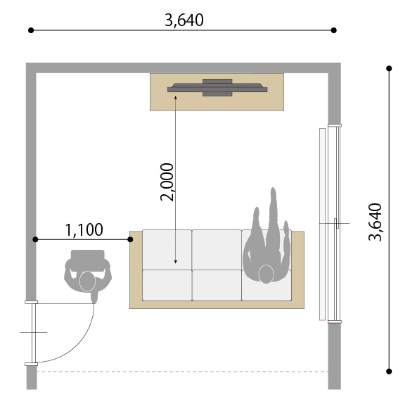 図②　テレビ台とソファを窓側へ寄せることで、通路の広さを確保