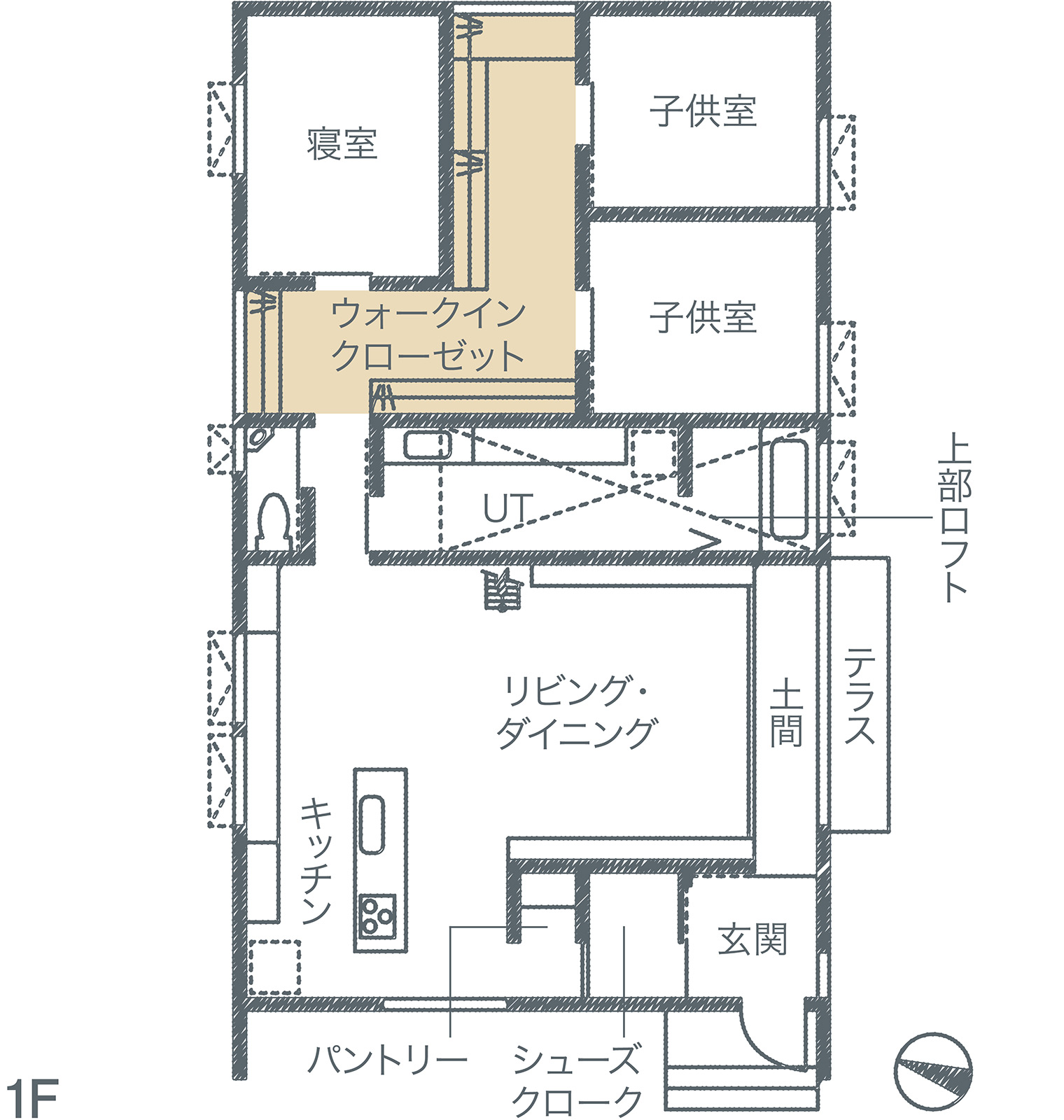 各個室への通路を兼ねたファミリークローゼット。どの部屋からもアクセスが良く家族みんなが使いやすい