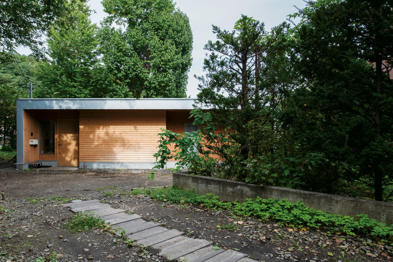 庭木や敷地内の樹々に囲まれた緑豊かな旗竿敷地。サイディングと木羽目板張の外観が周囲になじんでいる