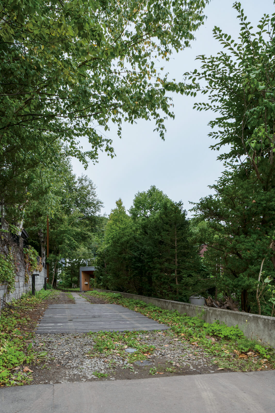 道路から20メートルを超える長いアプローチの先に、角度を振った外観が少しだけ見える