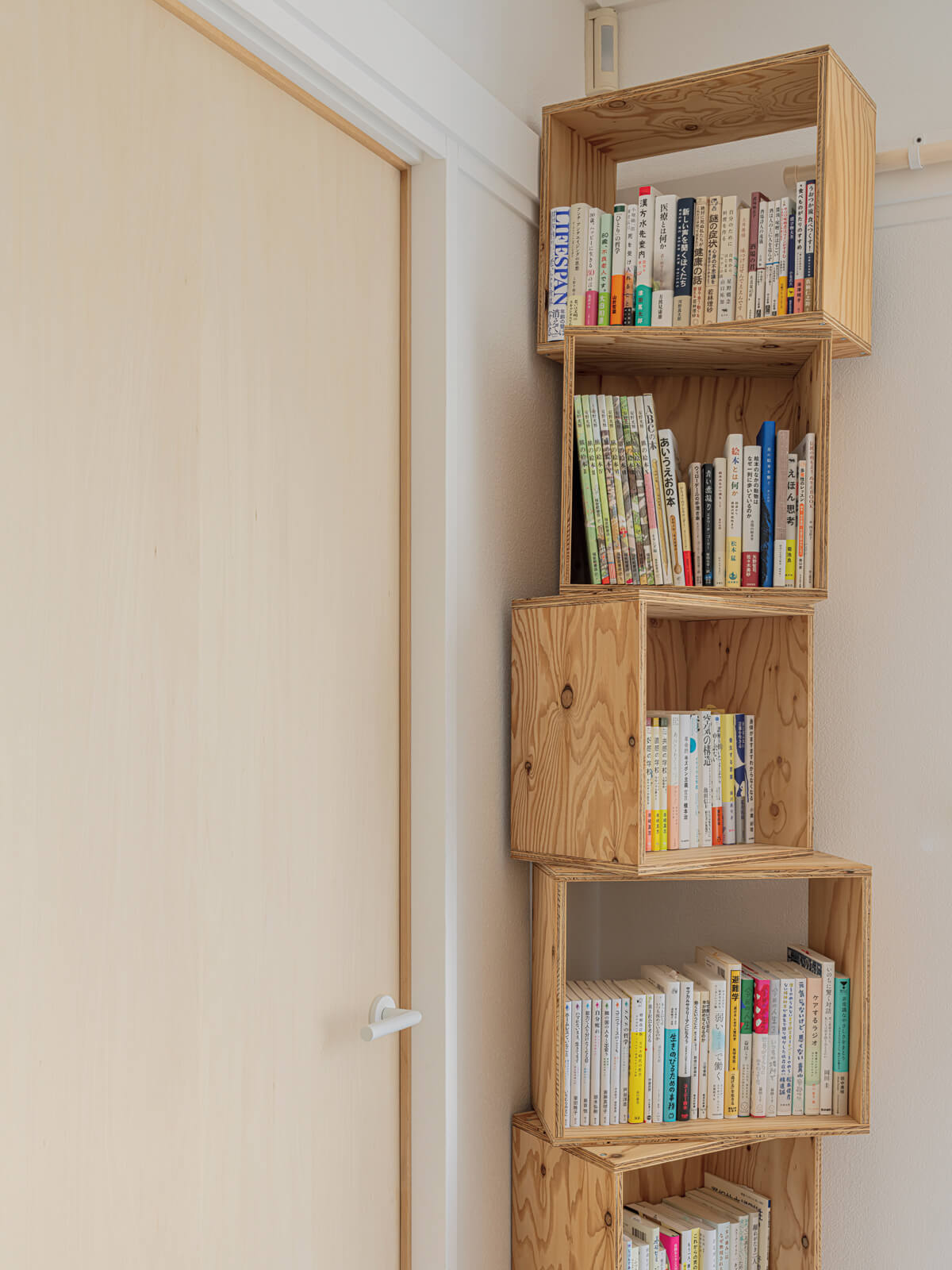 シナベニヤで製作したドアは自宅の玄関ホールへとつながる。小さな棚を積み上げた書棚がオブジェのような存在感