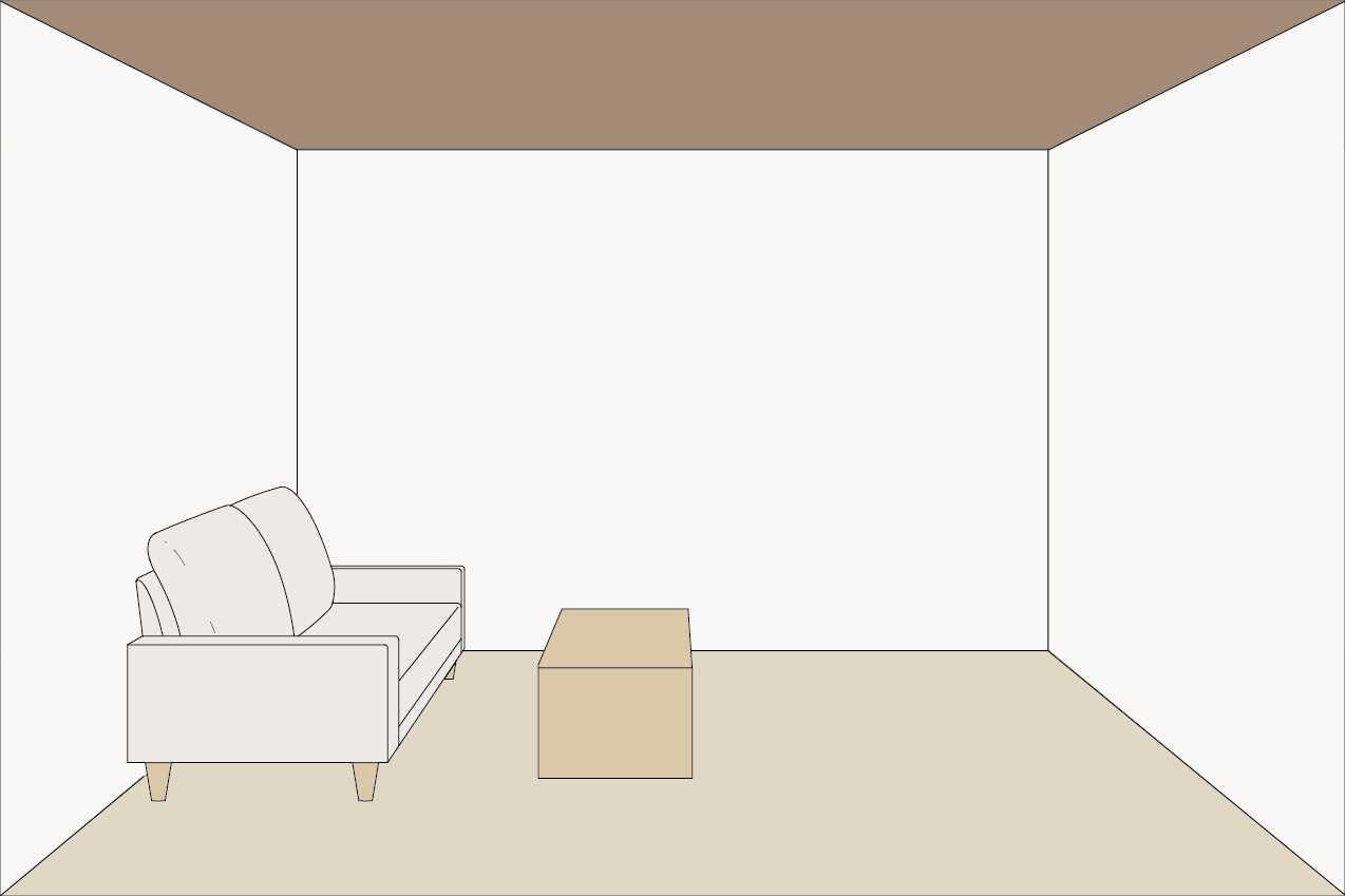 床・壁が淡い色で、天井が濃い色だと、天井が低く見えて圧迫感を感じやすくなる。このパターンはリビングよりも寝室におすすめ