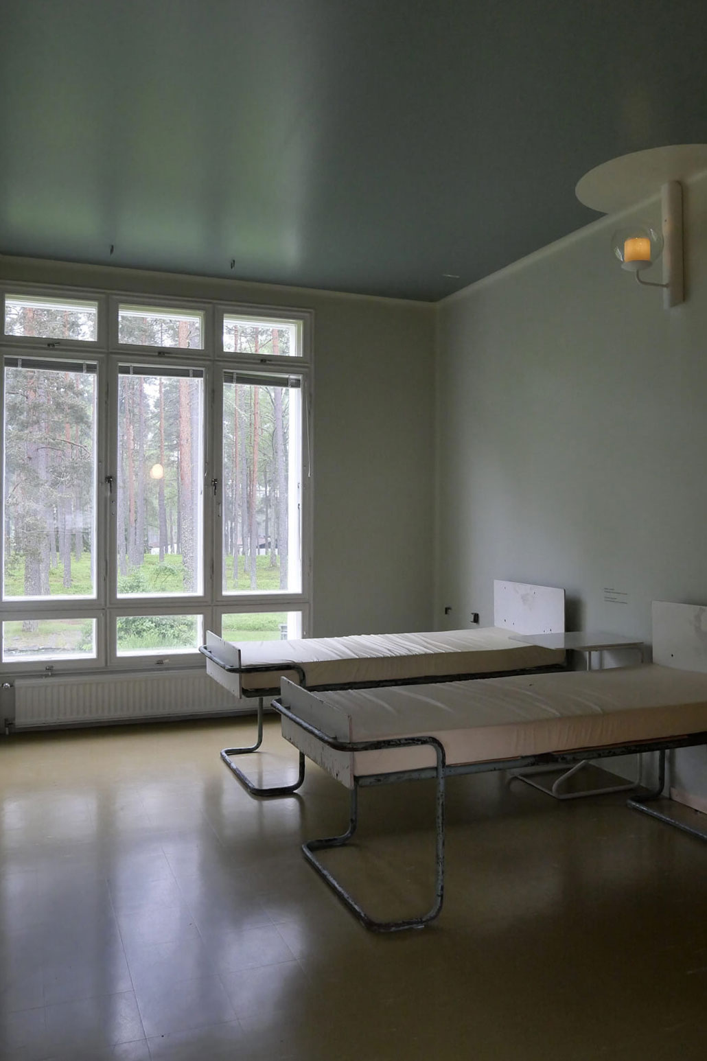 大きな窓の外には美しい森が見える。病室の天井は人がリラックスできるグリーンに