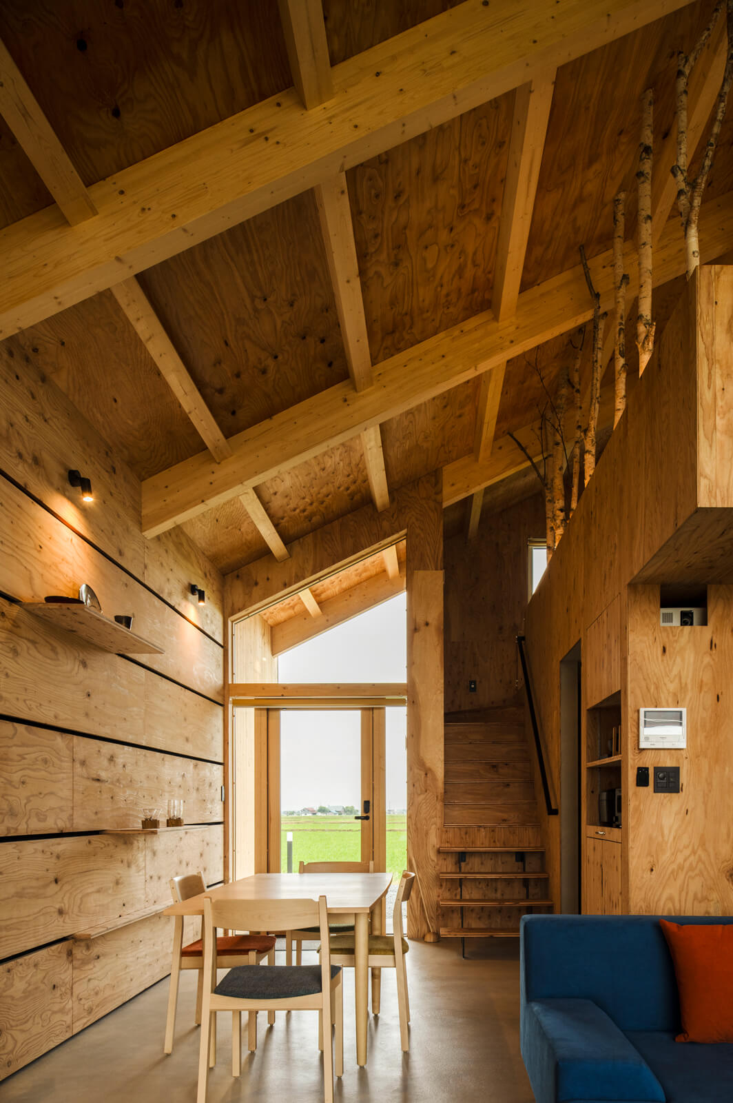 南側の壁面は24㎜厚の針葉樹合板を使用し、奥行きを利用して可動棚を設置。貴洋さんによると、この棚には町内外で活躍するアーティストの作品や、愛犬のアフターケアプロショップを営むアーケンのお施主さんの協力で、愛犬グッズなどを飾っているそう