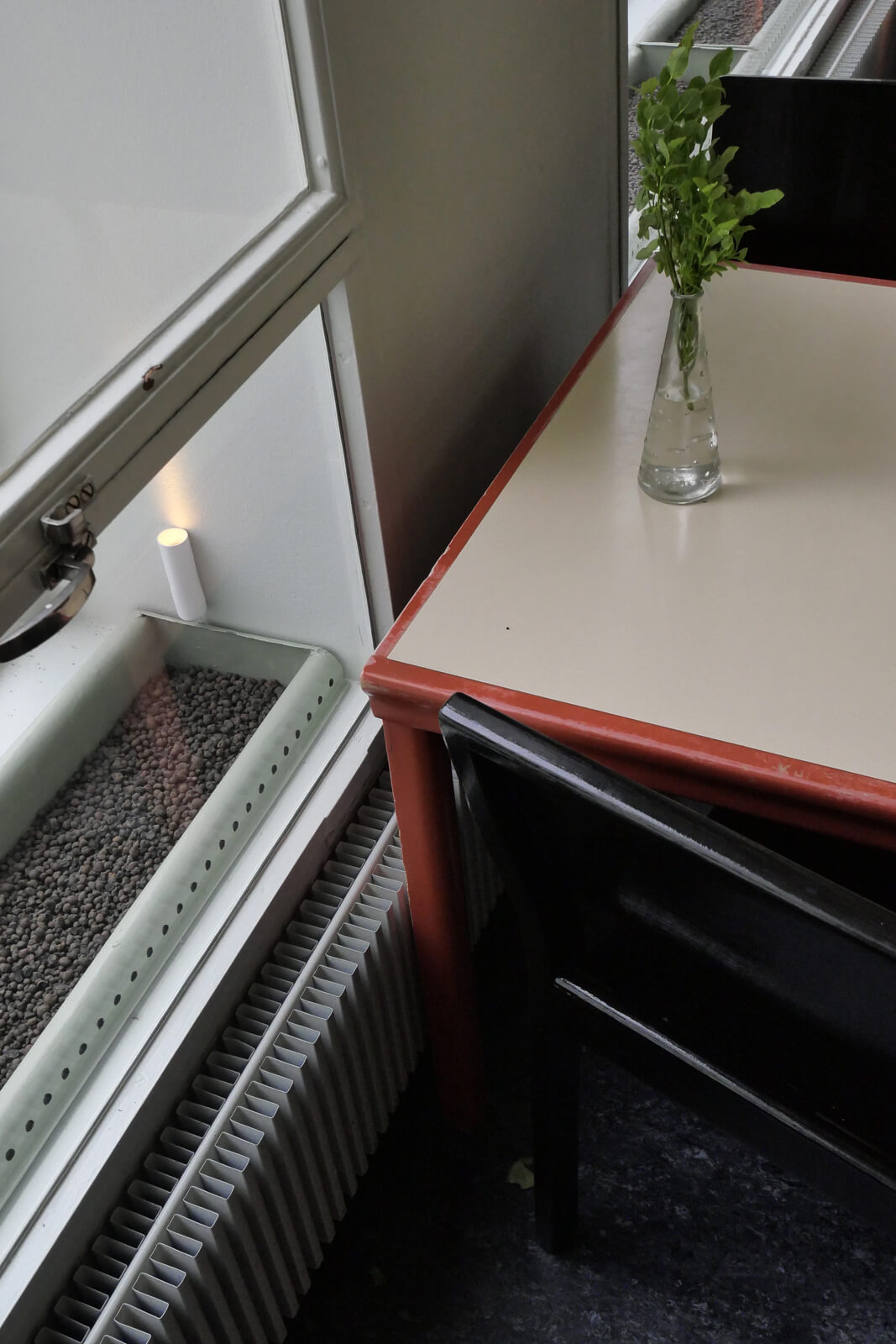 食堂には外窓と内窓の間に「植物を置く場所」が設けられている。断熱効果はもちろん、植物に付着する「ホコリ」が患者に届かないように対策されたもの