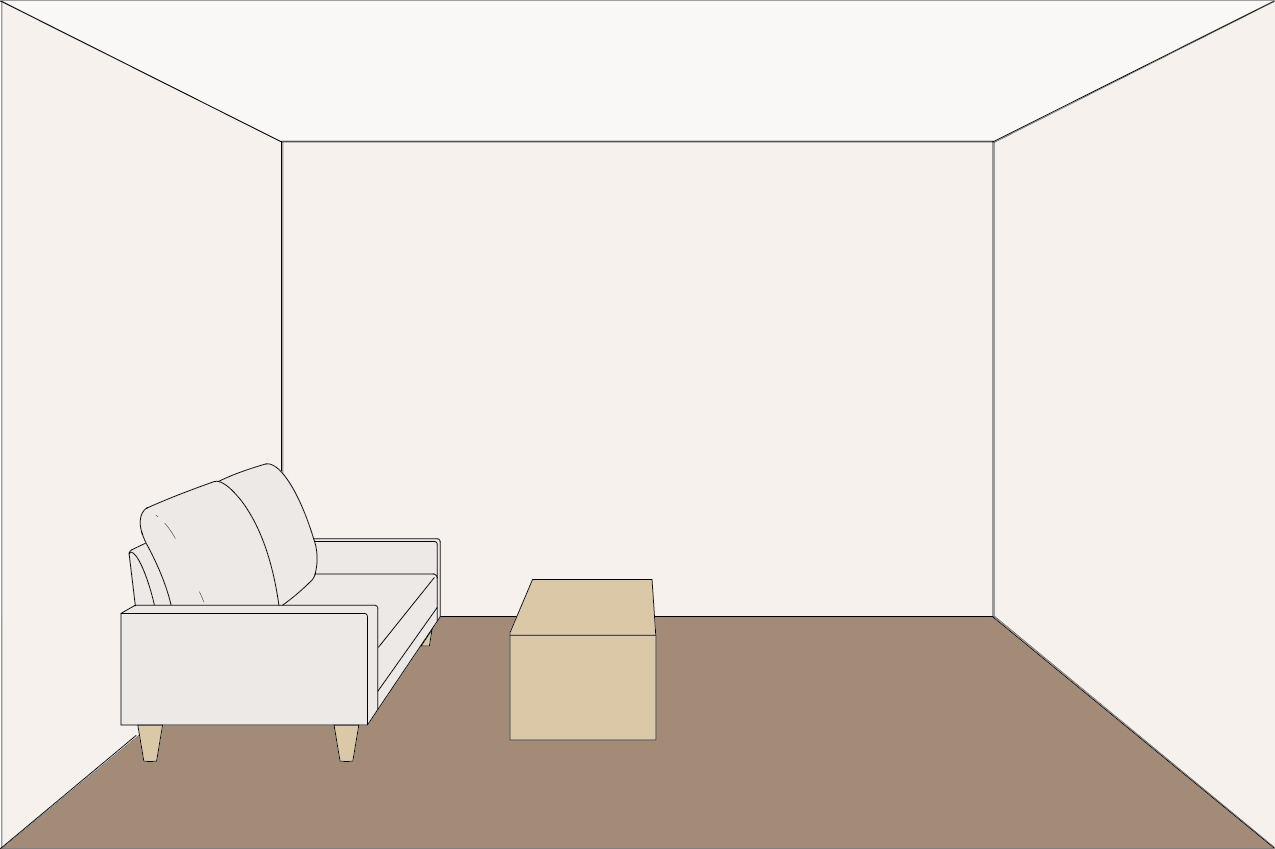 床の色が濃い色で、壁・天井が明るい色だと、色の効果の対比で広さが感じられる
