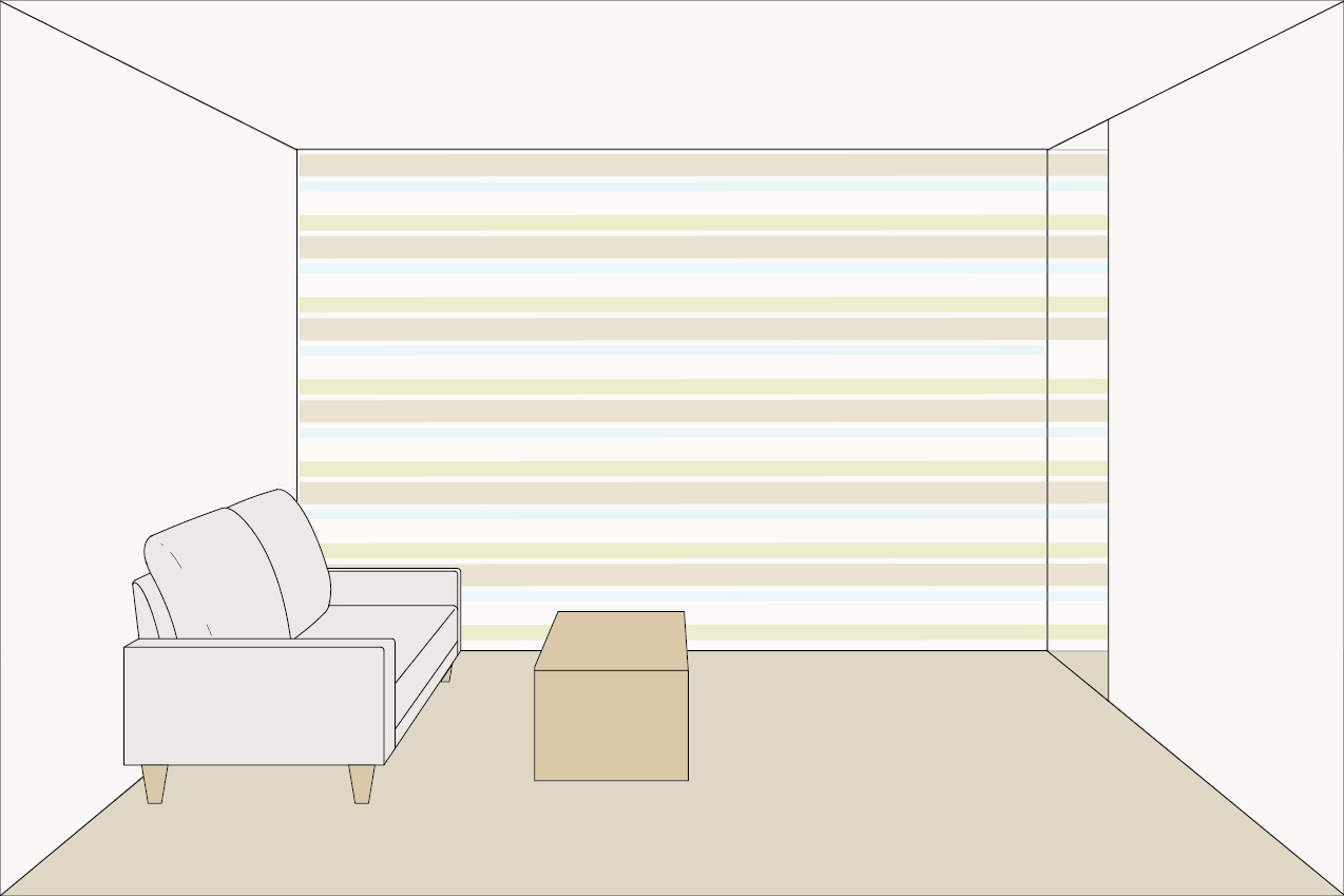 壁の入隅に床から天井までのミラーを取り付けた場合の空間の見え方。柄の続きが隣の空間に続いているように見えることで、広がりが感じられる